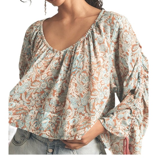 Anthropologie Long Sleeve Peasant Blouse in Blue & Tan Size Small - Picture 3 of 6